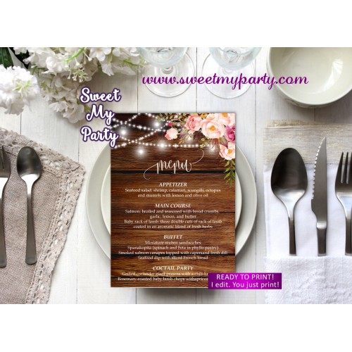 Rustic menu card, Mason jar menu card,(100w)